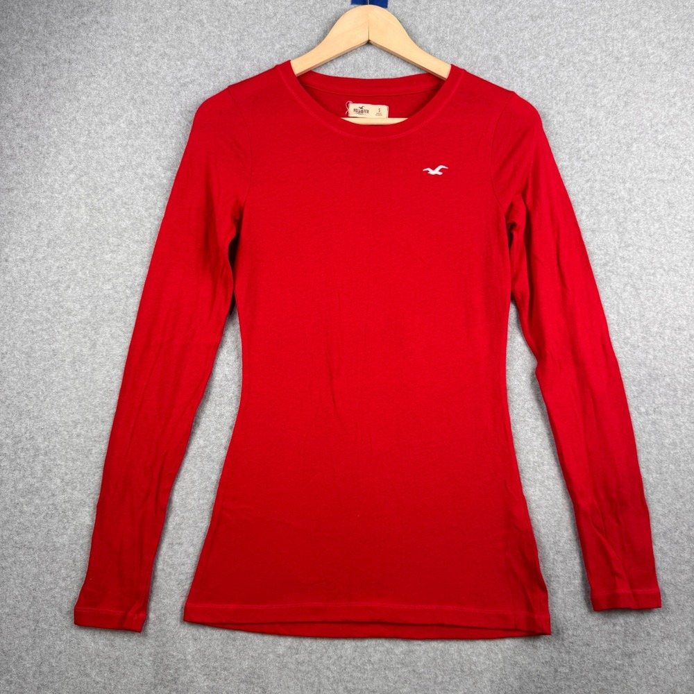 Hollister T Shirt Womens Small Red‎ Crew Neck Logo Slim Fit Long Sleeve Y2K
